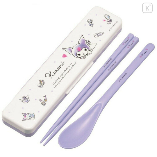 Japan Sanrio Chopsticks 18cm & Spoon with Case - Kuromi / Wink Purple - 1