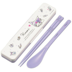 Japan Sanrio Chopsticks 18cm & Spoon with Case - Kuromi / Wink Purple