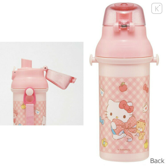 Japan Sanrio One-Touch Water Bottle with Strap - Hello Kitty / Ribbon Pink - 3