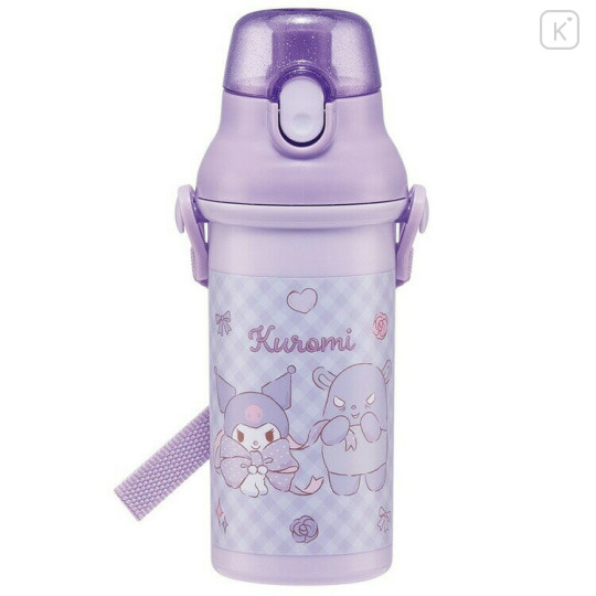 Japan Sanrio One-Touch Water Bottle with Strap - Kuromi / Ribbon Purple - 1