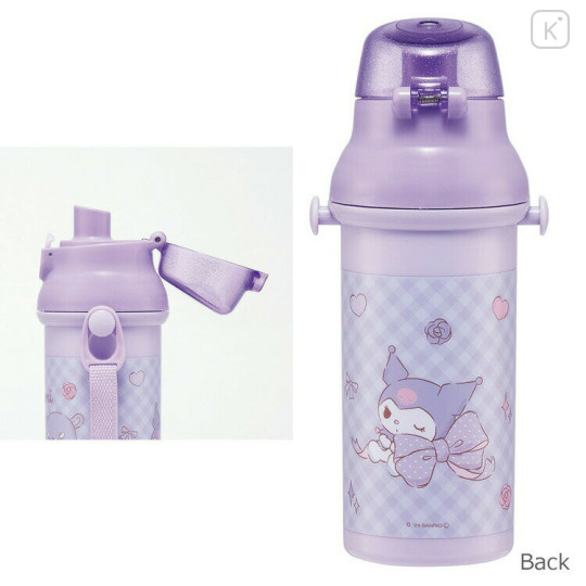 Japan Sanrio One-Touch Water Bottle with Strap - Kuromi / Ribbon Purple - 3