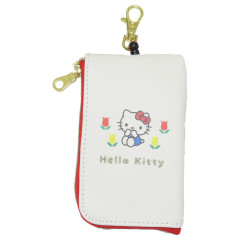 Japan Sanrio Mini Pouch & Pass Case Card Holder with Reel - Hello Kitty / Flora