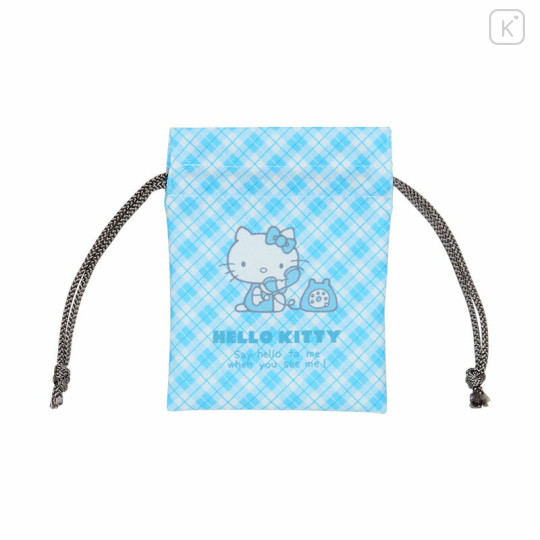 Japan Sanrio Mini Drawstring Pouch - Hello Kitty / Sky Blue Phone Tattersall - 1