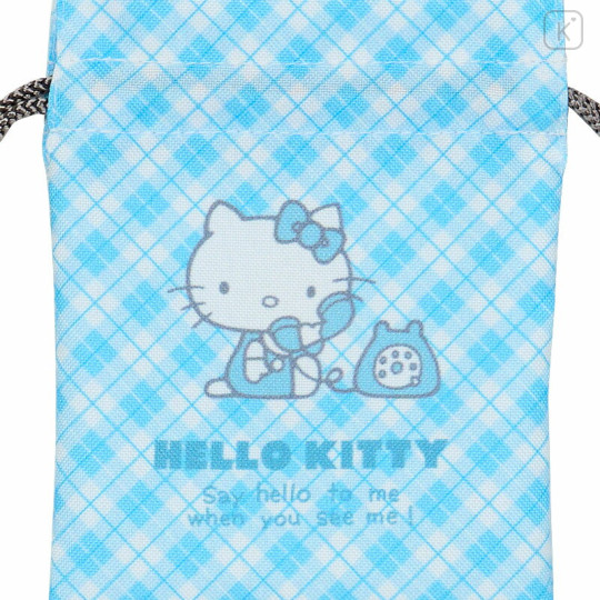 Japan Sanrio Mini Drawstring Pouch - Hello Kitty / Sky Blue Phone Tattersall - 3