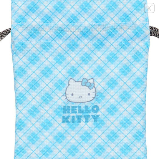 Japan Sanrio Mini Drawstring Pouch - Hello Kitty / Sky Blue Phone Tattersall - 4