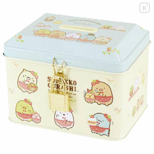 Japan San-X Can Piggy Bank with Lock Case - Sumikko Gurashi / Strawberry Light Yellow Blue - 1