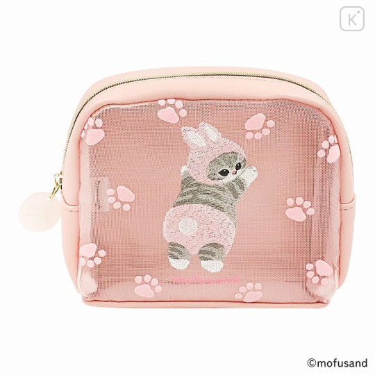 Japan Mofusand Round Mesh Pouch - Cat / Rabbit Nyan Baby Pink Paw - 1