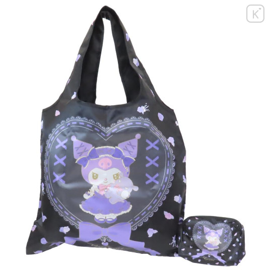 Japan Sanrio Satin Eco Bag - Kuromi / Black Purple Rose - 1