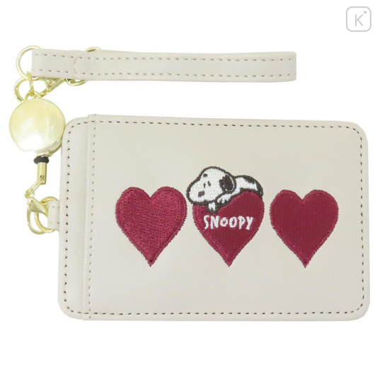 Japan Peanuts Pass Case Card Holder with Reel - Snoopy / Love Heart - 1