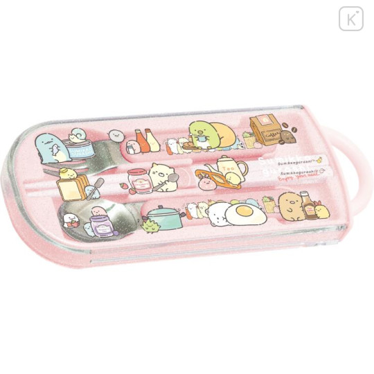 Japan San-X Bento Lunch Cutlery Set Spoon Fork Chopstick - Sumikko Gurashi / Lunchtime Pink - 1