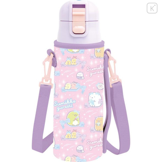 Japan San-X Stainless Steel Bottle With Pouch Shoulder Strap - Sumikko Gurashi : Ribbon Sky Party Pink Purple - 1