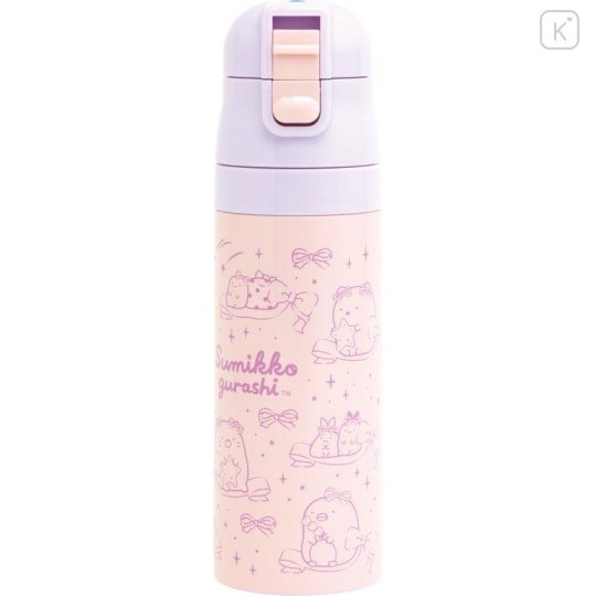 Japan San-X Stainless Steel Bottle With Pouch Shoulder Strap - Sumikko Gurashi : Ribbon Sky Party Pink Purple - 2