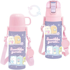 Japan San-X Stainless Steel Bottle With Cup Pouch Shoulder Strap - Sumikko Gurashi / Ribbon Sky Party Pink Purple