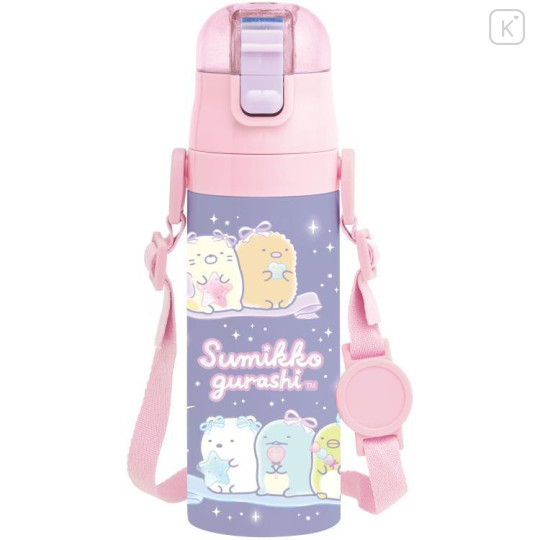 Japan San-X Stainless Steel Bottle With Cup Pouch Shoulder Strap - Sumikko Gurashi : Ribbon Sky Party Pink Purple - 4