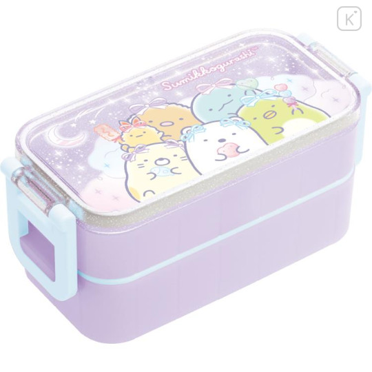 Japan San-X 2 Tier Bento Lunch Box 600ml With Chopsticks - Sumikko Gurashi : Ribbon Sky Party Purple - 1