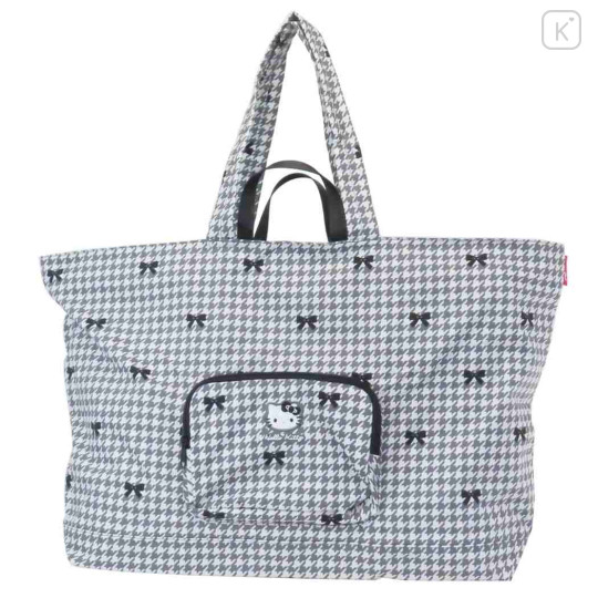 Japan Sanrio Rootote Maxi Packable Tote Bag - Hello Kitty : Black Houndstooth Travel - 1