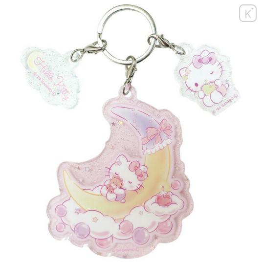 Japan Sanrio Acrylic Keychain 3 Charm - Hello Kitty : Sleeping Well On Moon Glitter - 1