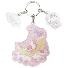 Japan Sanrio Acrylic Keychain 3 Charm - Hello Kitty : Sleeping Well On Moon Glitter