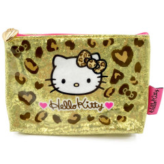 Japan Sanrio Cosmetic Pouch - Hello Kitty : Gogo Gal Collection Leopard Gold Glitter