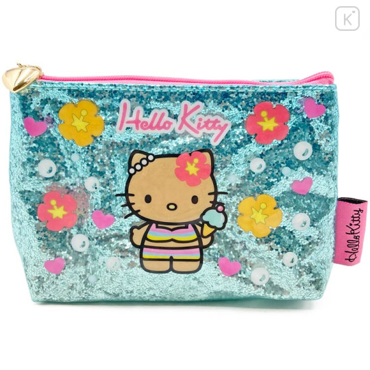 Japan Sanrio Cosmetic Pouch - Hello Kitty : Tan Swimsuit Party Ice Cream Blue Glitter - 1