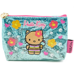 Japan Sanrio Cosmetic Pouch - Hello Kitty : Tan Swimsuit Party Ice Cream Blue Glitter
