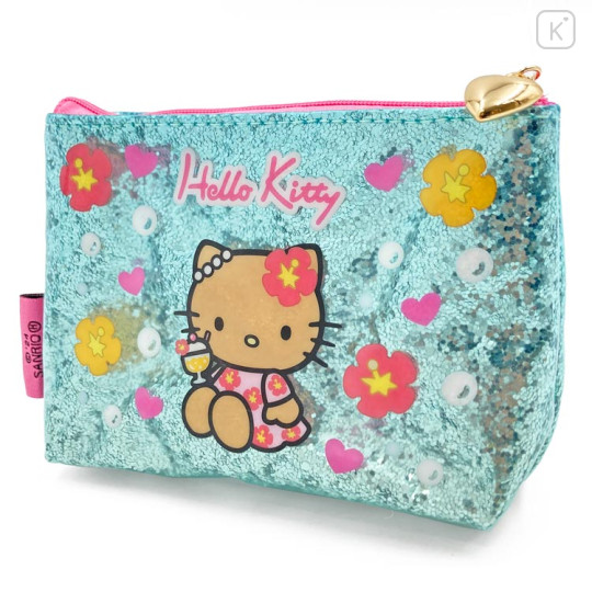 Japan Sanrio Cosmetic Pouch - Hello Kitty : Tan Swimsuit Party Ice Cream Blue Glitter - 2