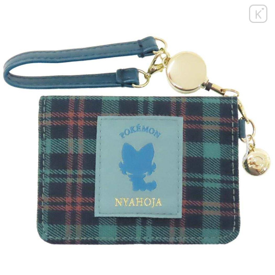 Japan Pokemon Bifold Pass Case Card Holder with Reel - Sprigatito : Glen Gingham Cobalt Green - 1