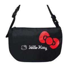 Japan Sanrio Foldable Shoulder Bag With Pouch - Hello Kitty : Black Red Ribbon