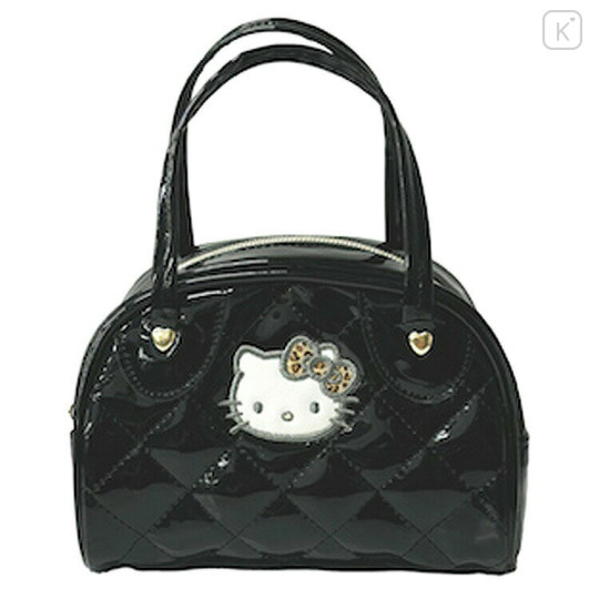 Japan Sanrio Mini Boston Bag - Hello Kitty : Y2k Houndstooth Quilted Enamel Heart Black - 1