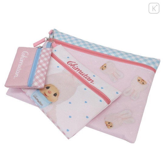 Japan Monchhichi Flat Pouch Set - Chimutan Gingham Pink - 1