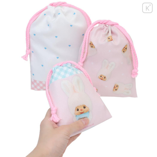 Japan Monchhichi Drawstring Bag Set - Chimutan Gingham Pink - 2