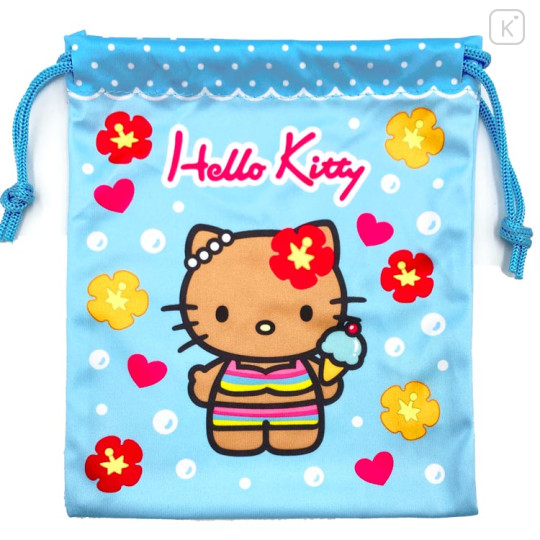 Japan Sanrio Drawstring Bag - Hello Kitty : Tan Swimsuit Party Ice Cream Blue - 1