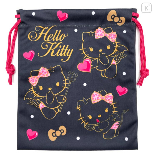 Japan Sanrio Drawstring Bag - Hello Kitty : Gogo Gal Collection Little Devil Black Pink - 1