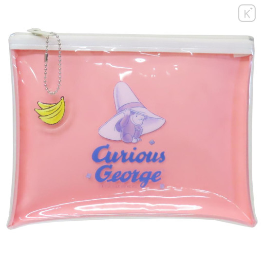Japan Curious George Clear Flat Mini Pouch - Yellow Big Hat Pink - 1