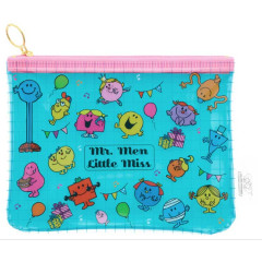 Japan Sanrio Clear Flat Mini Pouch - Mr. Men & Little Miss : Party Turquoise Pink