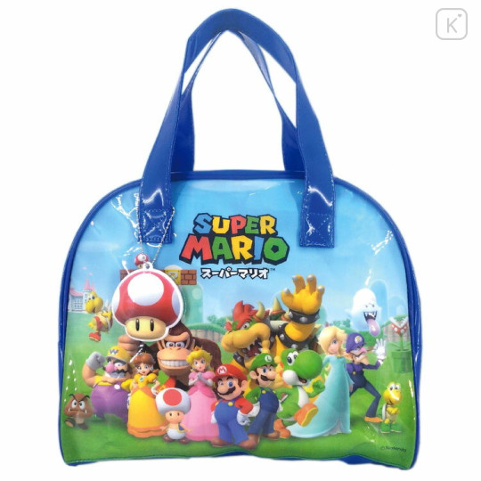 Japan Super Mario Pool Bag Boston Vinyl Tote Bag - Characters Blue & Mushroom Name Tag Keychain - 1