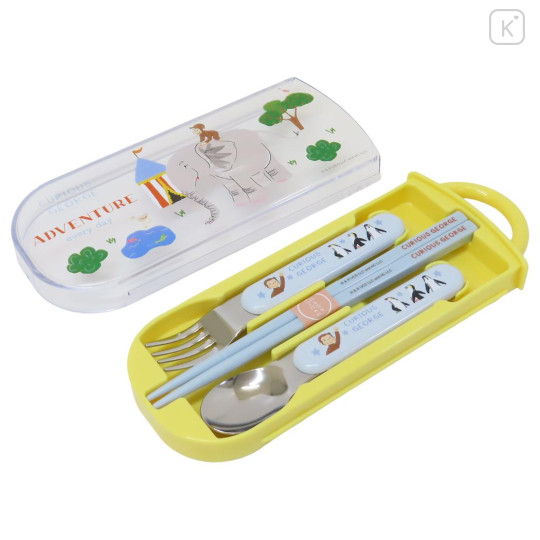 Japan Curious George Bento Lunch Cutlery Set Spoon Fork Chopstick - Penguin Yellow Blue - 1