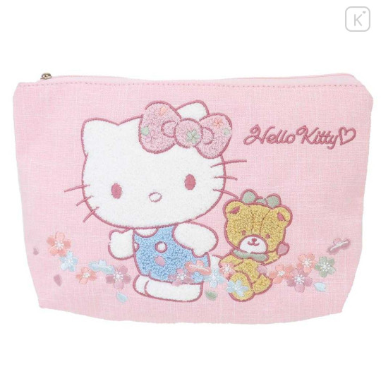 Japan Sanrio Sagara Embroidery Flat Cosmetic Pouch - Hello Kitty & Tiny Chum : Flower Pink - 1