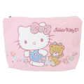 Japan Sanrio Sagara Embroidery Flat Cosmetic Pouch - Hello Kitty & Tiny Chum : Flower Pink - 1