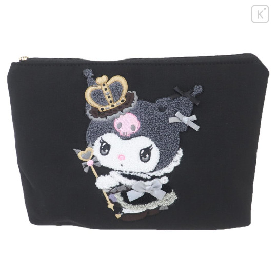 Japan Sanrio Sagara Embroidery Flat Cosmetic Pouch - Kuromi : 20th Anniversary Queen Black - 1