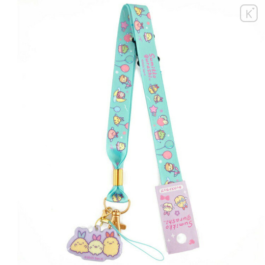 Japan San-X Neck Strap with Mascot - Sumikko Gurashi : Ebiten & Ebifurai no Shippo Fried Shrimp Tail Turquoise - 1