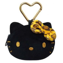 Japan Sanrio Face-shaped Pouch with Carabiner - Hello Kitty : Leopard Yellow Black
