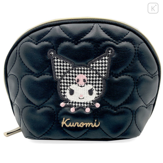 Japan Sanrio Quilted Cosmetic Pouch - Kuromi : Monotone Black Heart - 1
