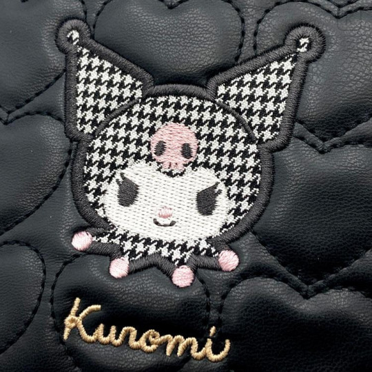 Japan Sanrio Quilted Cosmetic Pouch - Kuromi : Monotone Black Heart - 4