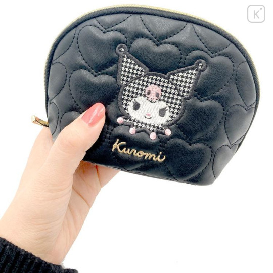 Japan Sanrio Quilted Cosmetic Pouch - Kuromi : Monotone Black Heart - 5