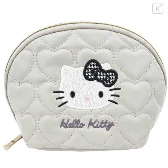 Japan Sanrio Quilted Cosmetic Pouch - Hello Kitty : Monotone Grey Heart - 1