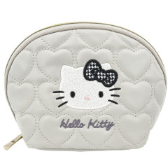 Japan Sanrio Quilted Cosmetic Pouch - Hello Kitty : Monotone Grey Heart