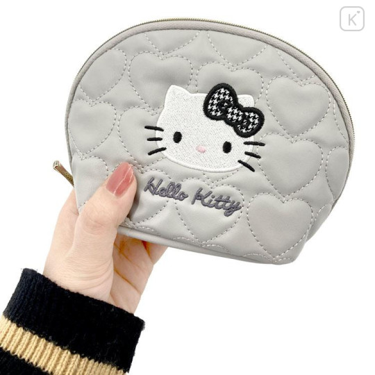 Japan Sanrio Quilted Cosmetic Pouch - Hello Kitty : Monotone Grey Heart - 5