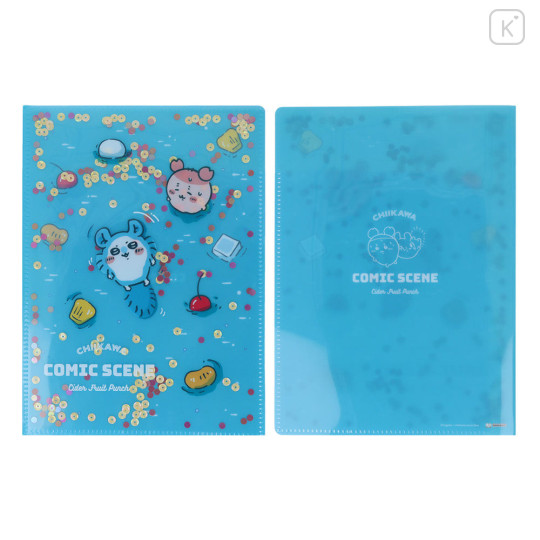 Japan Chiikawa A5 Clear File - Furuhonya Kani-chan & Momonga : Sequin River Comic Scene Cider Fruit Punch - 1