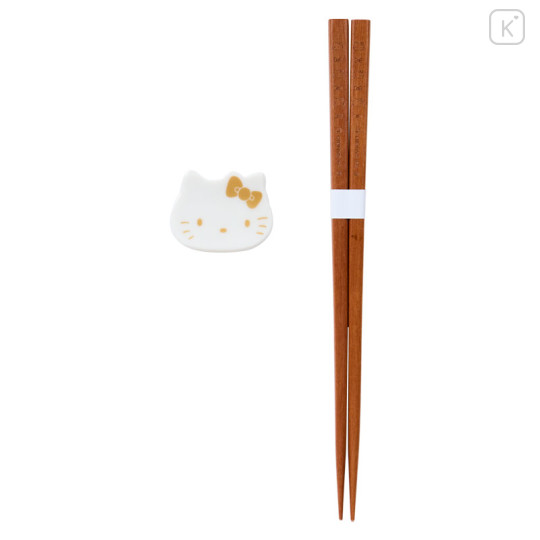 Japan Sanrio Chopsticks & Chopstick Rest Set - Hello Kitty : Gold - 1